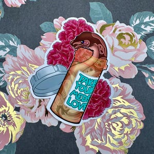 May include: A sticker featuring a cartoon snake in a pill bottle with pink flowers and the text "Take Your Meds Love".
