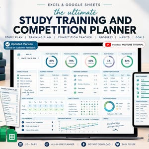 Peut inclure: Un planificateur numérique d'étude, d'entraînement et de compétition pour Excel et Google Sheets affiché sur un écran d'ordinateur et une tablette. L'interface présente des graphiques de progression, des plannings et des suivis.
