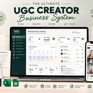 Op de afbeelding: Een digitaal bedrijfssysteem voor UGC-makers met een laptop en smartphone die een dashboard tonen met analyses, contentplanningstools en inkomentrackers, naast geprinte plannerpagina's, een beker en bestandspictogrammen.