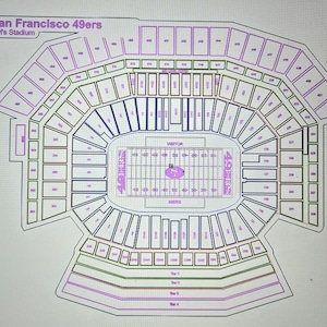 May include: A detailed seating chart of Levi's Stadium, home of the San Francisco 49ers. The diagram shows the layout of the stadium, including sections, tiers, and the football field. The team name and stadium name are at the top.