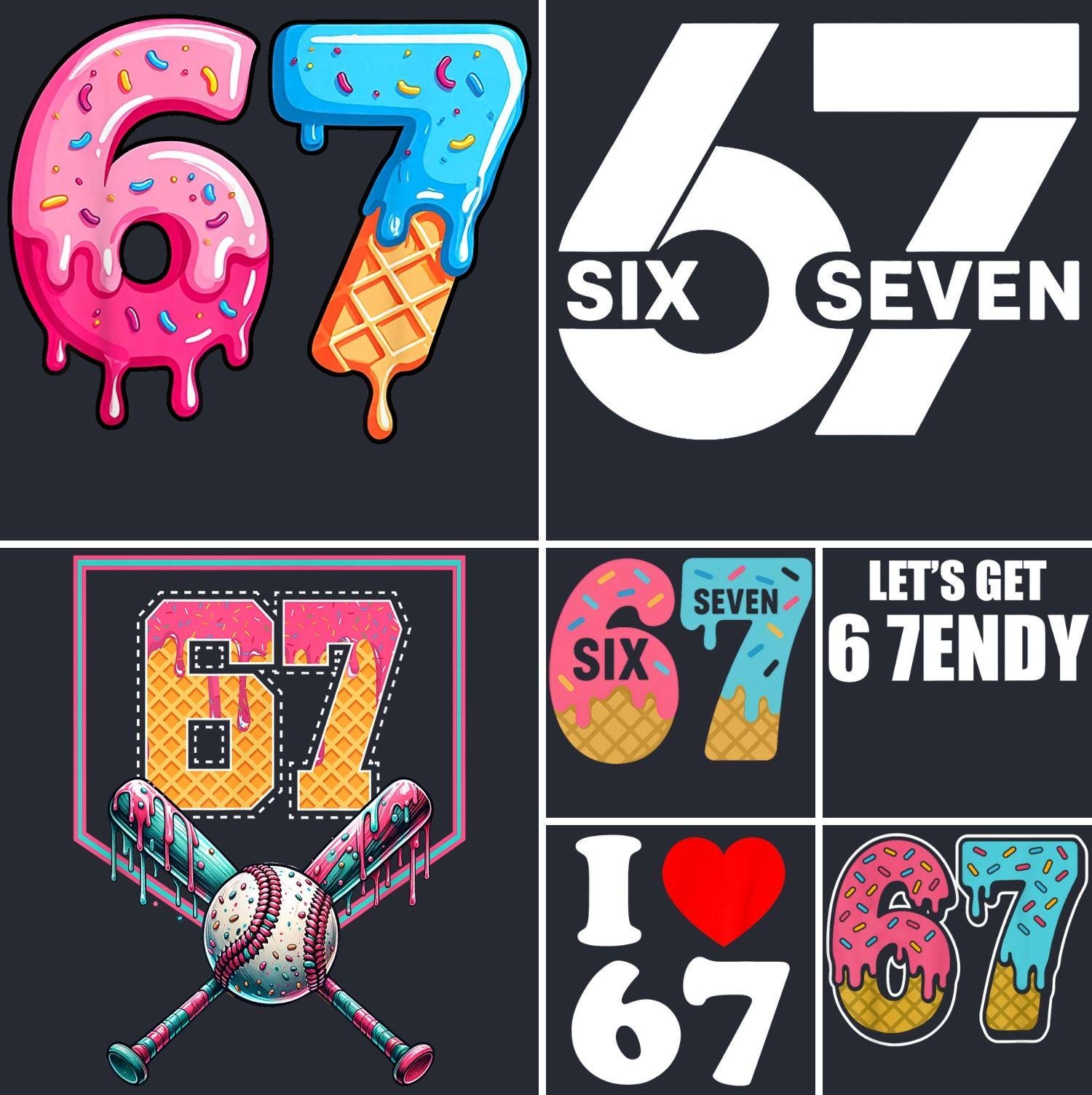 Ice Cream 67 PNG Bundle | Baseball Number Clipart | Colorful Retro
