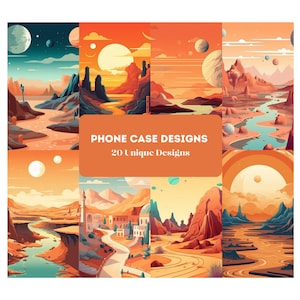 May include: A collage of 20 unique phone case designs featuring colorful, abstract landscapes with a desert theme. The designs include mountains, rivers, and planets. The text "PHONE CASE DESIGNS 20 Unique Designs" is displayed in the center of the image.