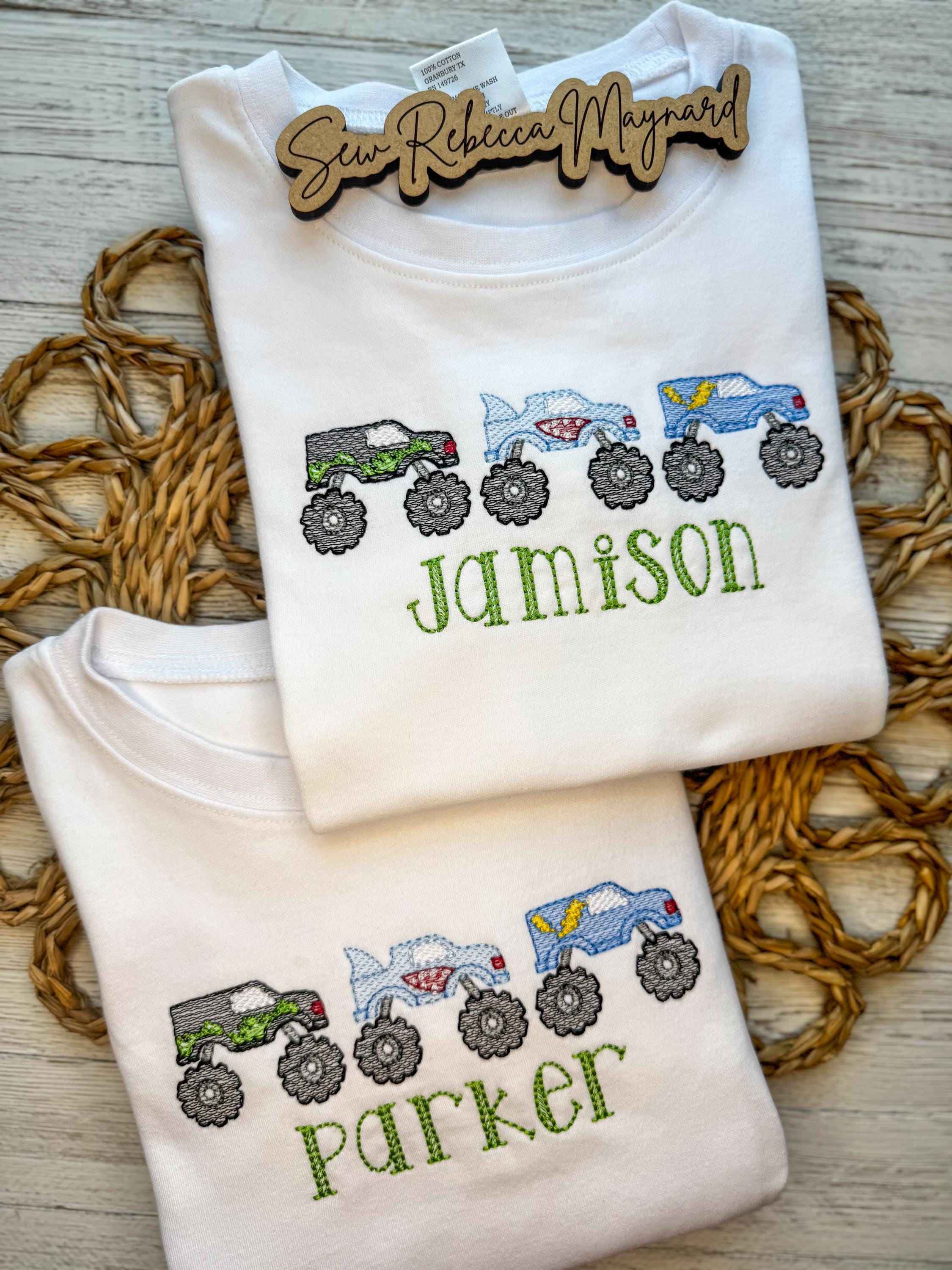 Monster Truck Embroidered girls or boys toddler and kids shirt // monster truck personalized outfit