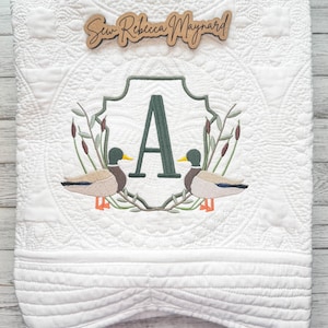 Embroidered Heirloom Baby Quilt with Mallard Duck Crest and Monogram // Baby Shower Gift // Announcement Photos // Monthly Milestone Photos