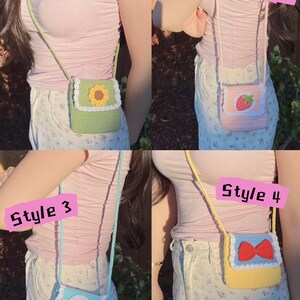 May include: Four crocheted mini bags with different designs. Style 1 is green with a yellow sunflower, Style 2 is pink with a red strawberry, Style 3 is blue with a yellow duck, and Style 4 is yellow with a red bow.