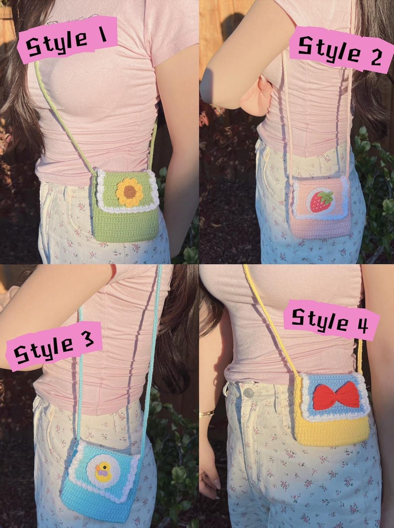 May include: Four crocheted mini bags with different designs. Style 1 is green with a yellow sunflower, Style 2 is pink with a red strawberry, Style 3 is blue with a yellow duck, and Style 4 is yellow with a red bow.