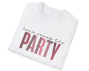 Here Comes the Party, T-shirt bruidsfeest met cheetahprint, T-shirt bruidsmeisje, team bruid, shirt vrijgezellenfeest, cadeau bruiloft, uniseks