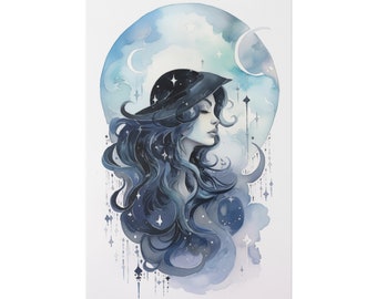 Witch Girl in Front of Moon | Watercolors | Celestial | Enchanting | Matte Canvas Print