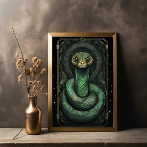 Cartão de tarô de ouro verde olhando arte digital de cobra, impressão digital de arte de parede de cobra, decoração de parede encantadora