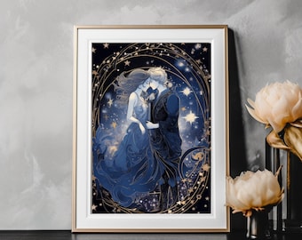 Lover Tarot Card With Stars Printable, Lover Tarot Wall Art Digital Print, Tarot Card Wall Decor