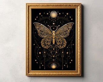 Puede incluir: Una mariposa dorada con detalles intrincados está rodeada por un patrón geométrico de círculos y líneas sobre un fondo negro. La mariposa está centrada en la imagen y tiene un par de pequeñas lunas blancas redondas encima.