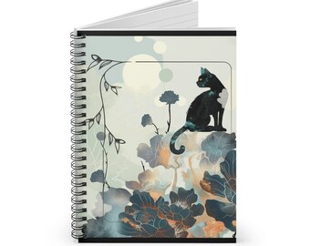 Cahier à spirale Chat noir et motif floral | Carnet de notes avec lignes lignées | Revue