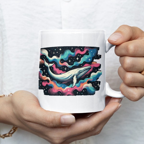 Whale Mug, White Ceramic Mug 11oz, Whale Coffee Cup Stars Tea Mug Cute Space Gift Mug Oceancore Drink Mug for Hot Beverages Cup