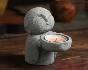 Zen Monk Statue Tea Candle Accessory Chinese Design Sandstone Minimalist Buddha Modern and Spiritual