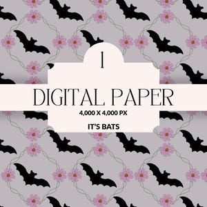 Lila Fledermaus und Blumenmuster Digitales Papier - Gothic Halloween Hintergrund, Cottagecore Ästhetik, Nahtlose Fledermaus und Blumen Design