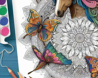 Horses and Butterflies Coloring Book (Libro para colorear Caballos y Mariposas)