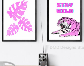 Pink Tiger Art Set, 2 piezas - Grande 18x24 pulgadas imprimible Monstera Leaf Wall Art Decor Póster de descarga digital