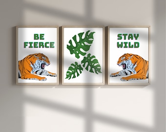 Tiger Art Set, 3 piezas - Grande 18x24 pulgadas imprimible Monstera Leaf Wall Art Decor Digital Download Poster