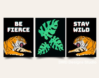 Tiger Art Set, 3 piezas - Grande 18x24 pulgadas imprimible Monstera Leaf Wall Art Decor Digital Download Poster