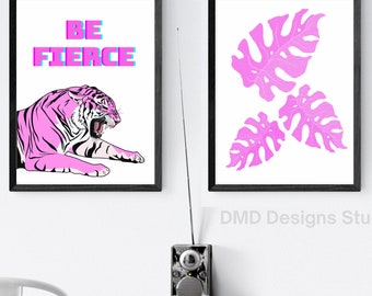 Tiger Art Set, conjunto de 2 piezas rosa - grande 18x24 pulgadas imprimible Monstera Leaf Wall Art Decor Digital Download Poster