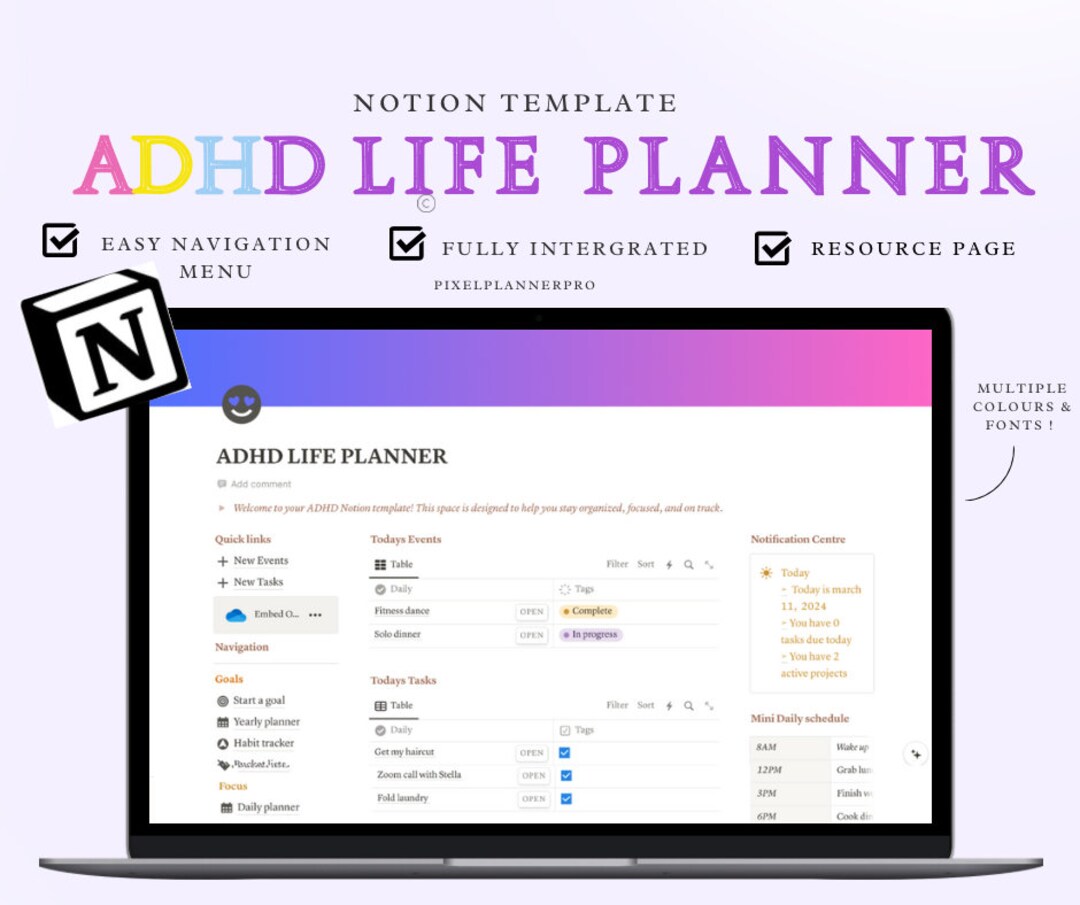 Notion Template ADHD Planner Notion Dashboard ADHD Digital Planner ...
