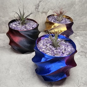 Abstract 3D Printed Plant Pot – Shiny Multi-Colored Twisted Design – Succulent, Cactus, or Indoor Plant Planter