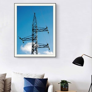 Blue Sky Transmission Tower Poster Print | Utility Poster | Industrial Wall Art | Electrical Tower Photo Print | Home Decor | Wall Fine Art