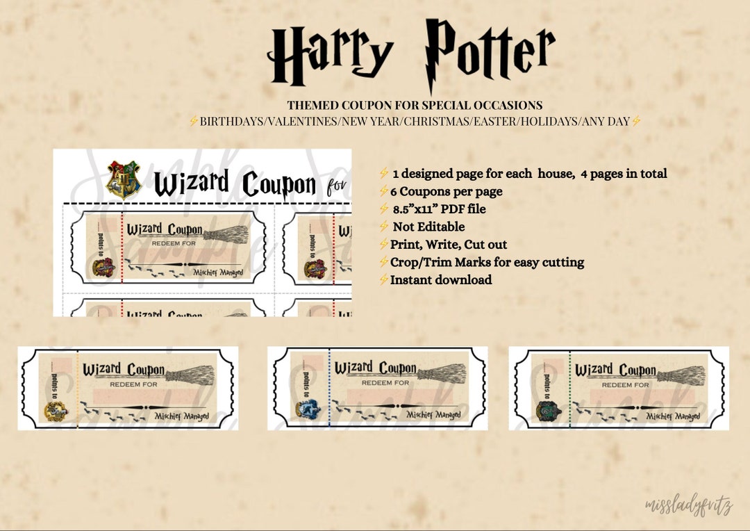 Harry Potter Coupon Template Printable Birthday Vouchers, Anniversary