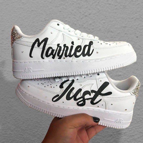 Custom Sneakers Air Force 1 Hand Painted Swarovski Just Married Wedding woman special day Crystal shoes custom