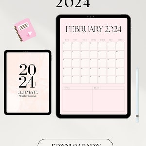 Könnte beinhalten: Ein digitaler Planer für das Jahr 2024 mit einem rosa-weißen Farbschema. Der Planer enthält einen Monatskalender für Februar 2024, einen Notizbereich und eine To-Do-Liste. Der Text "FEBRUAR 2024" befindet sich oben im Kalender.