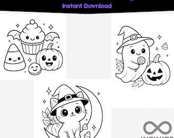Cute Halloween Coloring Pages | Kawaii Ghosts, Cats, and Candy Printables | Digital Coloring Book for Kids | Instant Download (10 Pages)