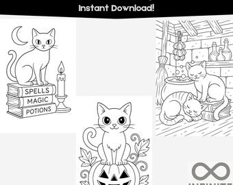 Peut inclure: Pages de coloriage en noir et blanc avec des chats. Un chat est assis sur des livres avec les mots "Spells, Magic, Potions". Un autre est sur une citrouille. Le texte "Black Cats Coloring Pack! Instant Download!" est en haut.