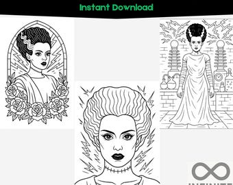 Frankensteins Braut zum Ausmalen | Gothic Horror & Classic Monster Tribute | Halloween Digitales Malpaket für Erwachsene | 10 Seiten