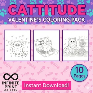May include: A Valentine's coloring pack with the word "Cattitude" in pink and purple. The pack includes three black and white cat illustrations, one with wings and a bow and arrow, one on a laptop, and one with flowers. The pack has 10 pages.