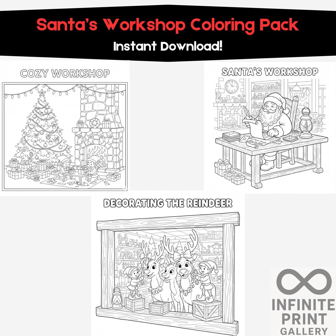 Santa’s Workshop Coloring Pages | 10 Printable Christmas Line Art ...