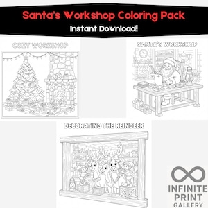 Puede incluir: Dibujo lineal en blanco y negro de un paquete para colorear titulado "Santa's Workshop Coloring Pack". El paquete incluye ilustraciones del taller de Santa, elfos, renos y una escena de taller acogedora. El texto incluye "Instant Download!"