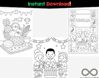 May include: Black and white Kwanzaa coloring pack with the text "Kwanzaa Coloring Pack Instant Download!". The image includes illustrations of a basket of fruits, children, candles, and other Kwanzaa symbols. The Infinite Print Gallery logo is in the bottom right corner.