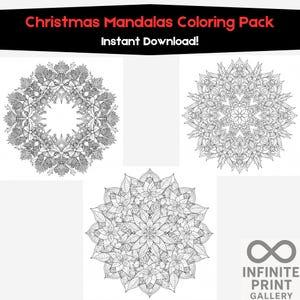 May include: A digital download featuring a Christmas Mandalas Coloring Pack. The image displays four intricate black and white mandala designs, including floral and wreath patterns. Text at the top reads "Christmas Mandalas Coloring Pack Instant Download!"