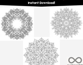May include: A digital download featuring a Christmas Mandalas Coloring Pack. The image displays four intricate black and white mandala designs, including floral and wreath patterns. Text at the top reads "Christmas Mandalas Coloring Pack Instant Download!"