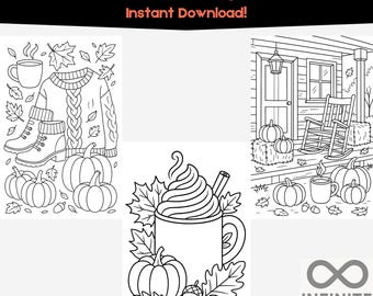 Cozy Fall Coloring Pages | Autumn Aesthetic Pumpkins, Candles & Cottages | Digital Autumn Coloring Pack for Adults | 10 Pages