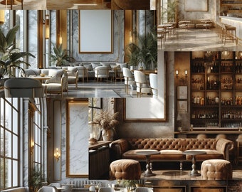 Puede incluir: Un collage de imágenes que muestran un diseño de interior de restaurante de lujo. Las imágenes presentan diversas disposiciones de asientos, incluyendo sofás mullidos, sillas y taburetes de bar. El restaurante tiene un ambiente cálido y acogedor con acentos dorados, pisos de mármol y grandes ventanas. El texto "PSD FILES" y "HIGH RESOUTION IMAGES" es visible en el collage.
