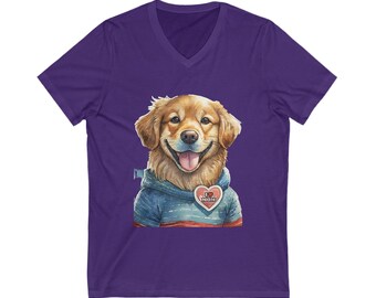 May include: Purple V-neck t-shirt with a watercolor illustration of a golden retriever wearing a blue and white striped hoodie and a red heart with the text "I love Mom" on it.