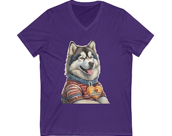 May include: Purple V-neck t-shirt featuring a cartoon illustration of a gray and white husky dog wearing a red and white striped sweater and a yellow heart tag that says "I love Mom".