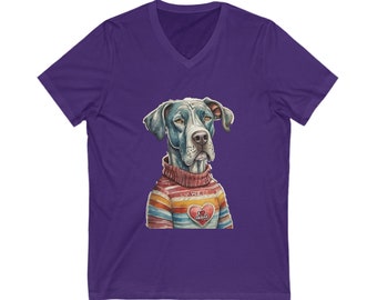 May include: Purple V-neck t-shirt with a cartoon illustration of a Great Dane wearing a striped sweater with a heart that says "I love Mom".