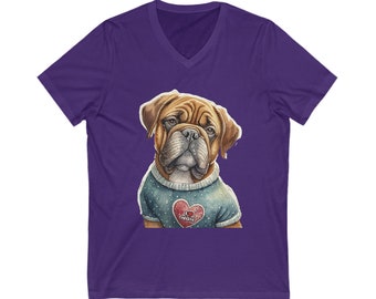 May include: Purple V-neck t-shirt featuring a watercolor illustration of a brown and white Boxer dog wearing a blue sweater with white polka dots and a red heart with the text "I love Mom".