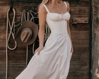 White Milkmaid Dress w Split, Corset Sundress