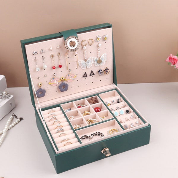 Leather jewelry box, Travel jewelry organizer, Jewelry storage box, Double layer jewelry box, Earring Ring Necklace storage box