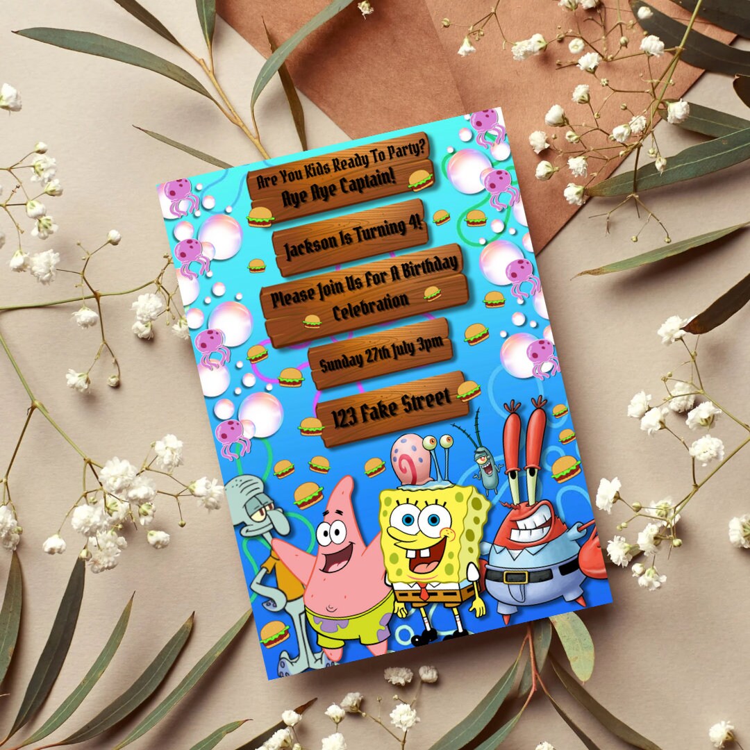 Editable Spongebob Birthday Invitation, Sponge Bob Invite, Template Printable Party Invitations ...