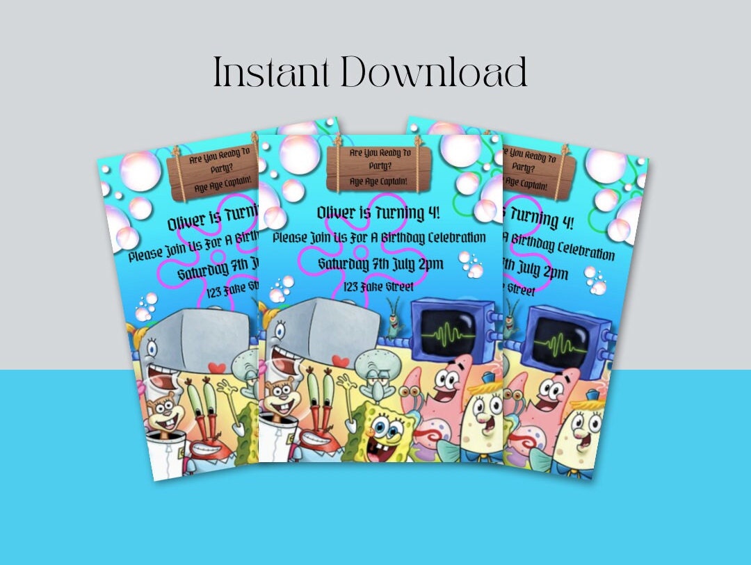 Editable Spongebob Birthday Invitation, Sponge Bob Invite, Template Printable Party Invitations ...