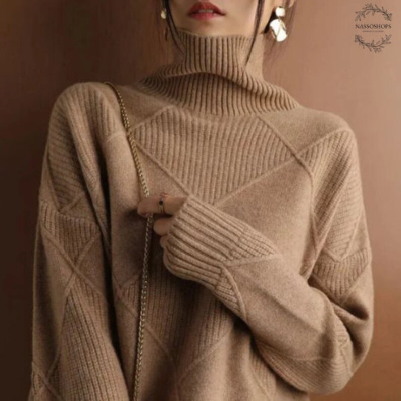Women's Cashmere Turtleneck Sweater Pure Color Knitted Pullover 100% Wool Oversized Cozy Winter Fashion Inactive camel